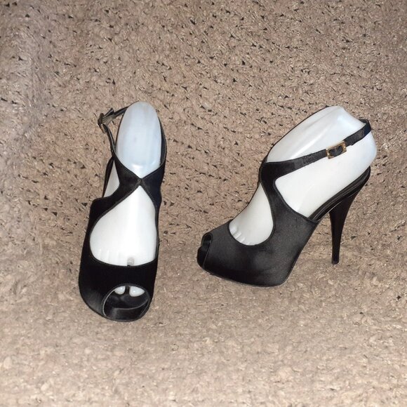 FENDI-Black Satin Peep Toe Platform Slingback Sandals-Sz 37.5-Excellent - Picture 1 of 8